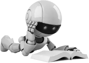 Lying robot reading an open book representing machine learning